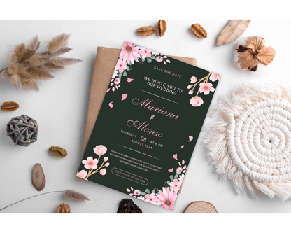 Dark Green Wedding Invitation Template, Floral Wedding Invite, Greenery Invitation Card, Canva Editable Template, Boho Wedding Invite
