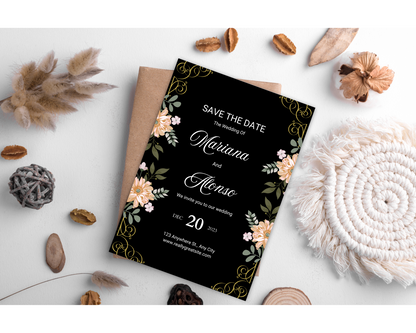 Floal Wedding Invitation Template, Digital Invitation Card, Editable Save The Date Card, Boho Wedding Invite