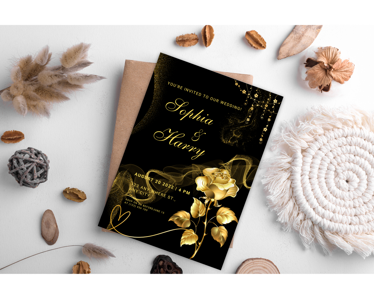 Black and Gold Wedding Invitation Template, Digital Invitation Card, Editable Save The Date Card, Floral Wedding Invite, Instant Download