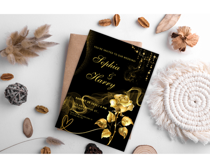 Black and Gold Wedding Invitation Template, Digital Invitation Card, Editable Save The Date Card, Floral Wedding Invite, Instant Download