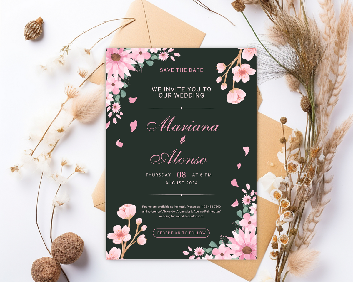 Dark Green Wedding Invitation Template, Floral Wedding Invite, Greenery Invitation Card, Canva Editable Template, Boho Wedding Invite