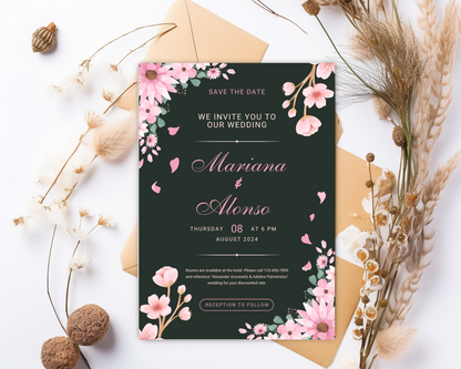 Dark Green Wedding Invitation Template, Floral Wedding Invite, Greenery Invitation Card, Canva Editable Template, Boho Wedding Invite