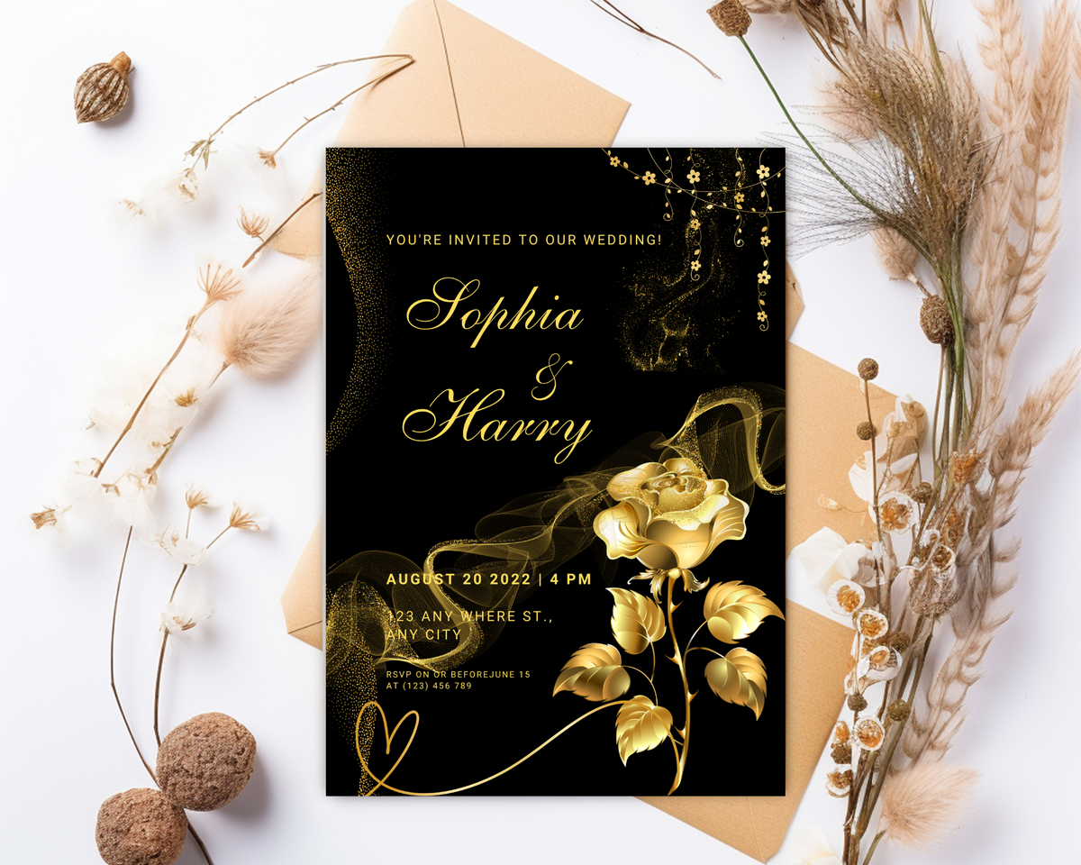 Black and Gold Wedding Invitation Template, Digital Invitation Card, Editable Save The Date Card, Floral Wedding Invite, Instant Download