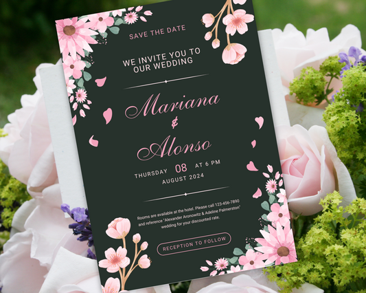 Dark Green Wedding Invitation Template, Floral Wedding Invite, Greenery Invitation Card, Canva Editable Template, Boho Wedding Invite