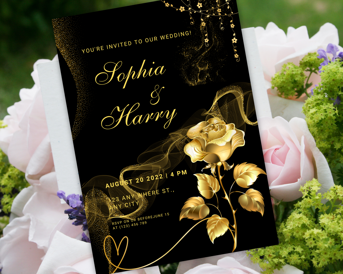 Black and Gold Wedding Invitation Template, Digital Invitation Card, Editable Save The Date Card, Floral Wedding Invite, Instant Download