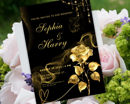 Black and Gold Wedding Invitation Template, Digital Invitation Card, Editable Save The Date Card, Floral Wedding Invite, Instant Download