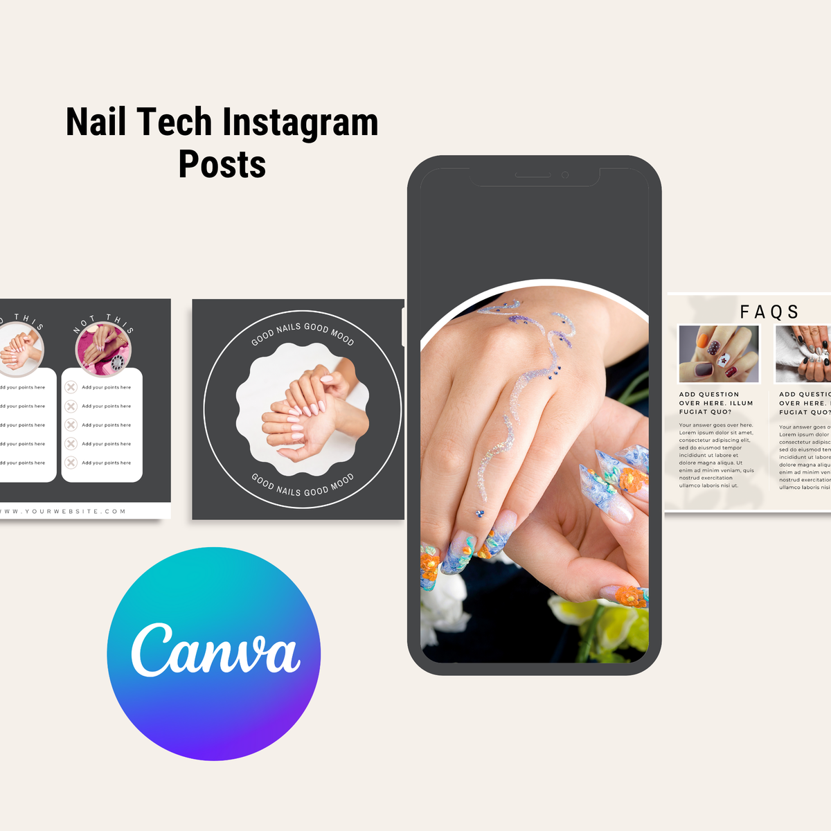 Nail Tech Business Instagram Posts, Nail Tech Price List Canva Template