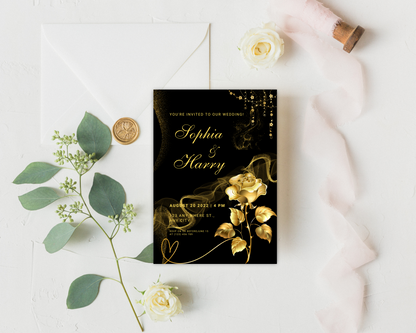 Black and Gold Wedding Invitation Template, Digital Invitation Card, Editable Save The Date Card, Floral Wedding Invite, Instant Download