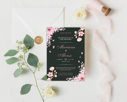 Dark Green Wedding Invitation Template, Floral Wedding Invite, Greenery Invitation Card, Canva Editable Template, Boho Wedding Invite