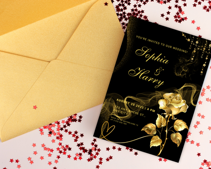 Black and Gold Wedding Invitation Template, Digital Invitation Card, Editable Save The Date Card, Floral Wedding Invite, Instant Download