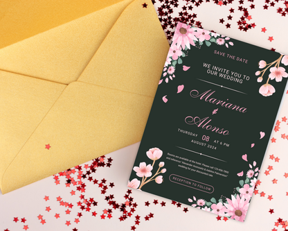Dark Green Wedding Invitation Template, Floral Wedding Invite, Greenery Invitation Card, Canva Editable Template, Boho Wedding Invite